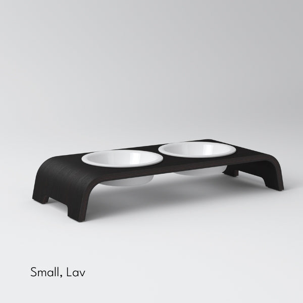 DogBar, Porcelæn Skåle // Foder- og vandskåle stativ (mørk eg)
