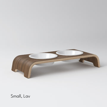 dogBar, Porcelæn skåle // Foder- og vandskåle stativ (valnød)