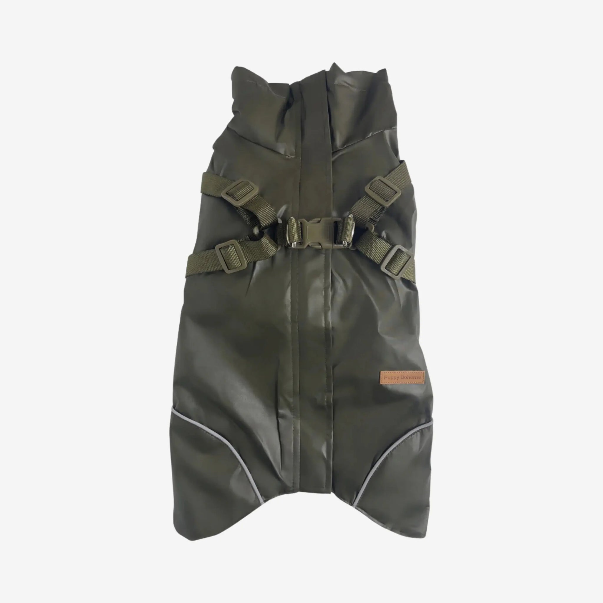 Puppy Bohème // Step-in dog rain jacket with harness (dark olive)