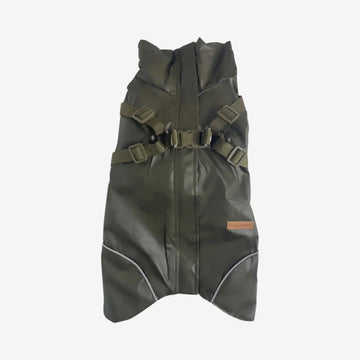 Puppy Bohème // Step-in dog rain jacket with harness (dark olive)